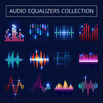 Bright audio equalizer neon set with sound waves symbols on blue background