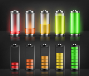 Vector set of battery charge indicators with low and high energy levels isolated on background. full
