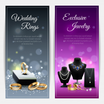 Vertical grey and purple realistic banners with wedding rings and exclusive jewelry