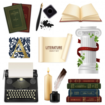Set of realistic literature objects pens with inkwell vintage books and typewriter isolated Free Vector