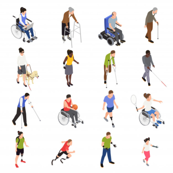 Disabled injured people outdoor activities isometric icons set with sporting limb amputees moving using wheelchair Free Vector