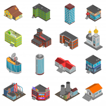 City buildings isometric icons set