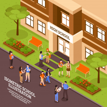 School building entrance isometric poster Free Vector