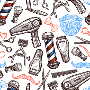 Barber shop attributes doodle seamless pattern