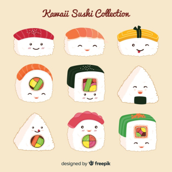 Hand drawn kawaii smiling sushi collection