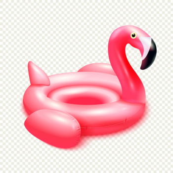 Inflatable rubber toy flamingo swimming rings composition with image of flexible elastic purple bird inner tube Free Vector