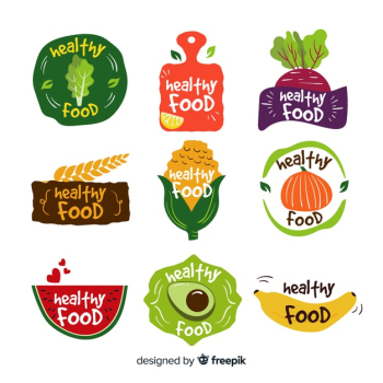 Flat healthy food logos Free Vector