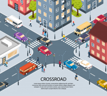 City town four way intersection crossroad isometric view poster with traffic lights pedestrian zebra crossing Free Vector