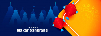 Happy makar sankranti kites and temples card Free Vector