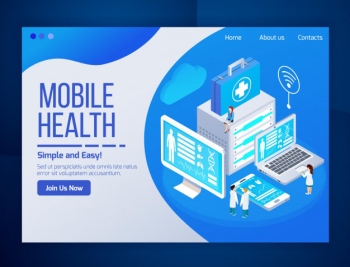 Mobile health care telemedicine glow isometric web page  with medical tests laptop tablet phone screens Free Vector