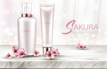 Cosmetics bottles skin care, beauty product line with sakura flowers on marble table top Free Vector