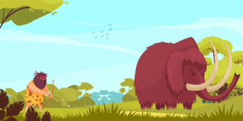 Mammoth hunt cartoon illustration with primitive man holding bow and arrow following for big animal Free Vector