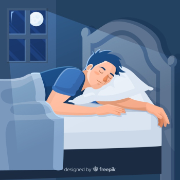 Person sleeping in bed in flat style Free Vector