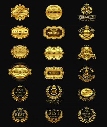 Golden badges, stickers premium quality isolated on black Free Vector