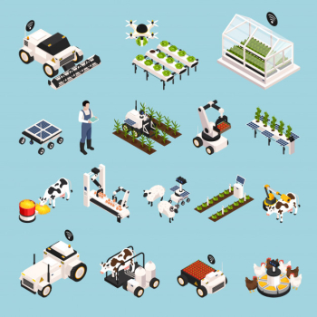 Smart farm set with technology isometric icons isolated vector illustration Free Vector