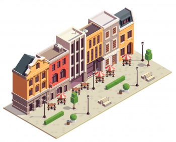 Modern city street isometric view with 5 colorful terraced houses lanterns benches outdoor bistro tables Free Vector