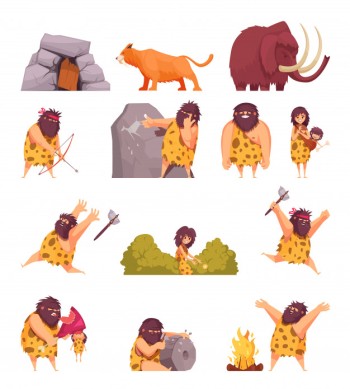 Primitive people in stone age cartoon icons set with cavemen pelt with weapon and ancient animals isolated Free Vector