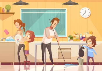 Kids helping cleaning cartoon poster Free Vector