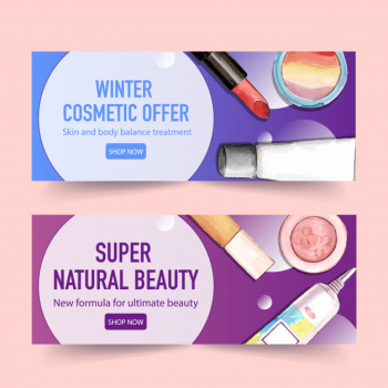 Cosmetic banner design with lipstick, highlighter Free Vector