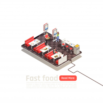 Fast food isometric poster with customers in self service cafe interior coming for eating Free Vector