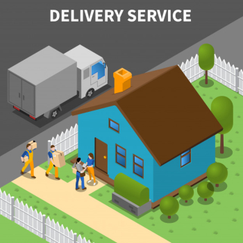 Delivery service isometric  with group of couriers unloading purchases to customers home Free Vector
