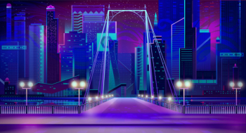 Night city neon lights, bridge entry, quay, lamps Free Vector
