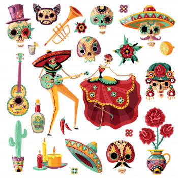 Mexican holiday day of dead set  ethnic music and dance  decorative masks  candles  flowers Free Vector