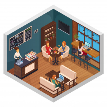 Internet cafe interior restaurant pizzeria bistro canteen isometric composition of visitors using wi-fi  on gadgets vector illustration Free Vector