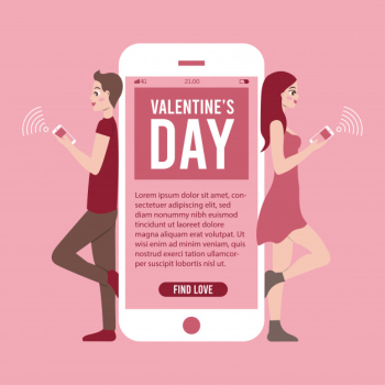 Valentines day banner illustration with phone app and couple chatting online Free Vector