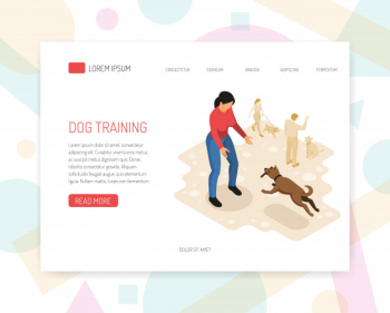 Landing page or web template with cynologyst dog training behavior analysis specific tasks undertaking interaction with environment web page isometric design vector illustration Free Vector
