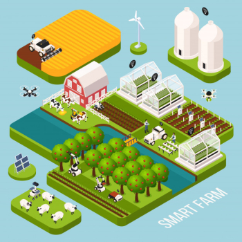 Smart farm isometric set with agriculture farm building, isometric isolated vector illustration Free Vector