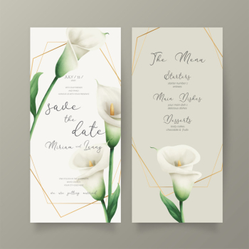 Wedding invitation and menu template with white lilies Free Vector
