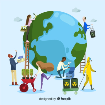 Ecology concept. group of people taking care of the planet, saving the earth Free Vector