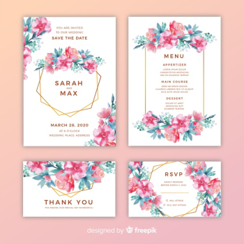 Pretty floral wedding invitations pack Free Vector