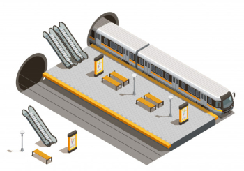 Public city transport isometric composition with underground metro station escalators and benches with underground rolling stock Free Vector