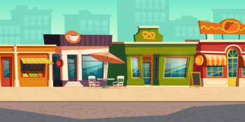 Urban street landscape with small shop, restaurant Free Vector