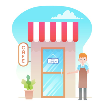 Shop with we are open sign and seller Free Vector