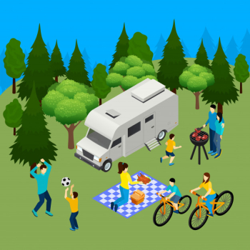 Family picnic summer outdoor isometric composition with camper in forest barbecue lunch cycling playing ball vector illustration Free Vector