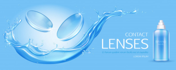 Contact lenses and solution bottle  on water splash Free Vector