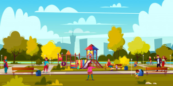 Vector background of cartoon playground in park with people, children playing Free Vector