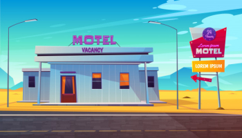 Small, 24 hours, roadside motel building with illuminated road sign near highway Free Vector
