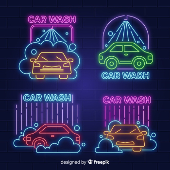 Neon car wash sign collection Free Vector