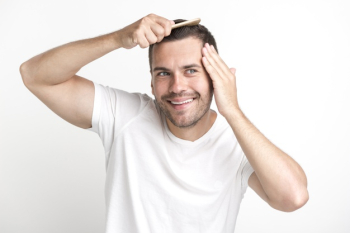 Smiling man in white t-shirt comb his hair looking away Free Photo