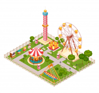 Amusement park  design concept with seesaw ferris wheel carousel and extreme family attraction isometric elements cartoon Free Vector