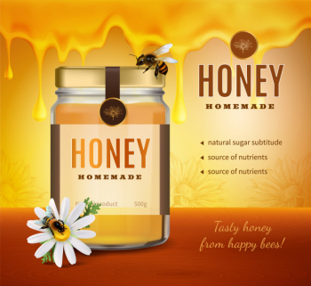 Honey advertising composition with realistic image of product packaging bottle with brand name and editable text Free Vector