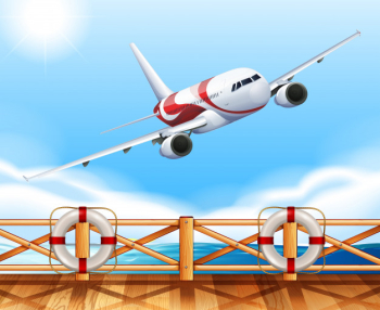 Scene with airplane flying over the bridge Free Vector