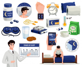 Healthy sleep decorative elements set of alarm night mask doctor showing graph of sleep stages Free Vector