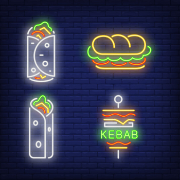 Doner kebab and shawarma neon signs set