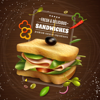 Fresh sandwich wooden background advertisement poster Free Vector