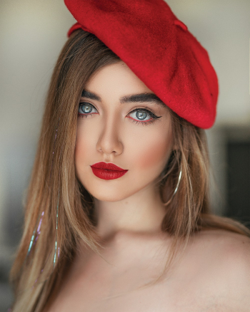 Portrait Photo of Woman in Red Lipstick and Red Beret Hat Posing